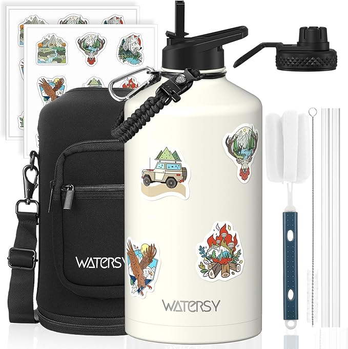 1 Gallon Water Bottle Insulated(Cold for 48 Hrs),BPA Free&Leak Proof,128oz Stainless Steel Water Jug,Large Water Bottle with Straw Spout Lids for Gym,Hiking,Camping&Travel,White