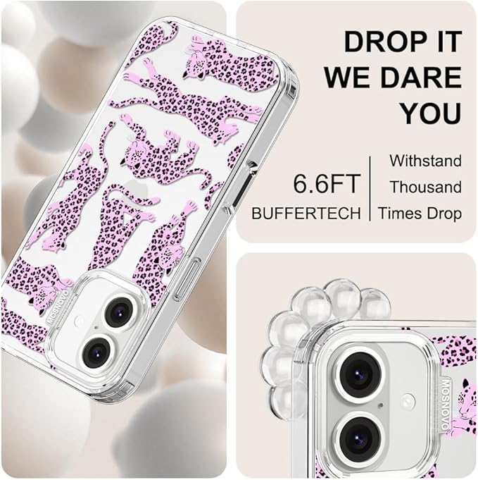 MOSNOVO Case for iPhone 16, [Buffertech 6.6ft Military-Grade Drop Protection] [Anti Peel Off Tech] Clear TPU Bumper Phone Case Cover Design - Pink Leopard