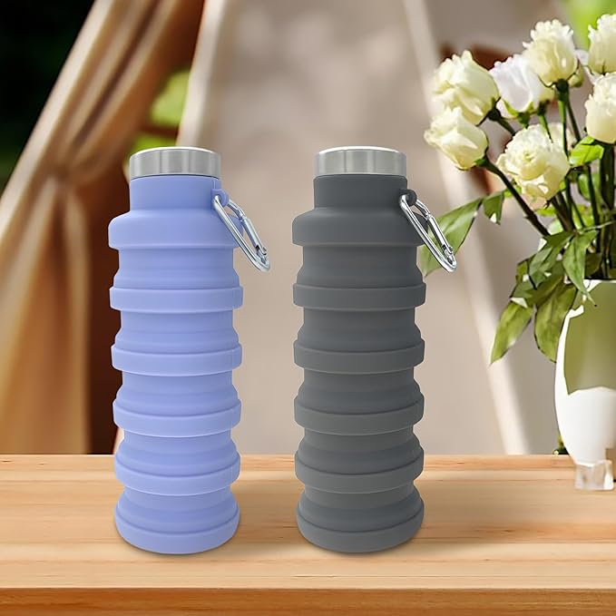 YCT Collapsible Water Bottle 17oz（500ml），Travel Portable Sport Water Bottle，Reusable Silicone Foldable Water Bottles for Gym Camping Hiking (Purple+Grey)