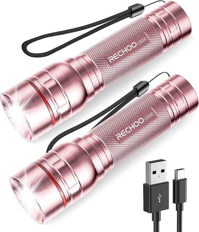 Rechargeable Flashlights High Lumens, G1000 Super Bright Flash Light 2 Pack, Small Zoomable LED Flashlight with 3 Lighting Modes, Portable Flashlights for Camping Essentials, Gift for Women (Pink)