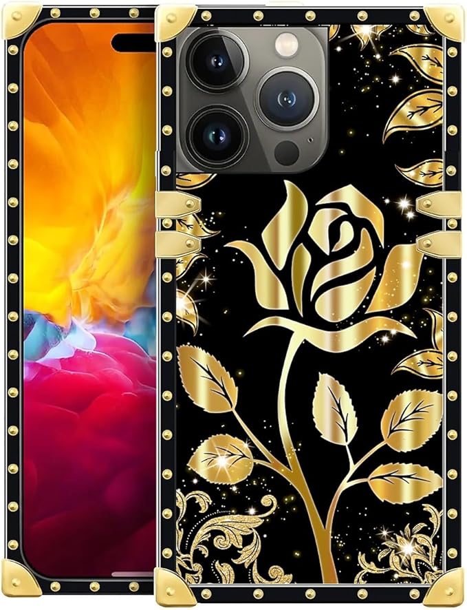 Compatible with iPhone 15 Pro Case, Shine Gold Rose Luxury Golden Decoration for Girl Women Soft TPU Shockproof Protective Hard PC Back for iPhone 15 Pro