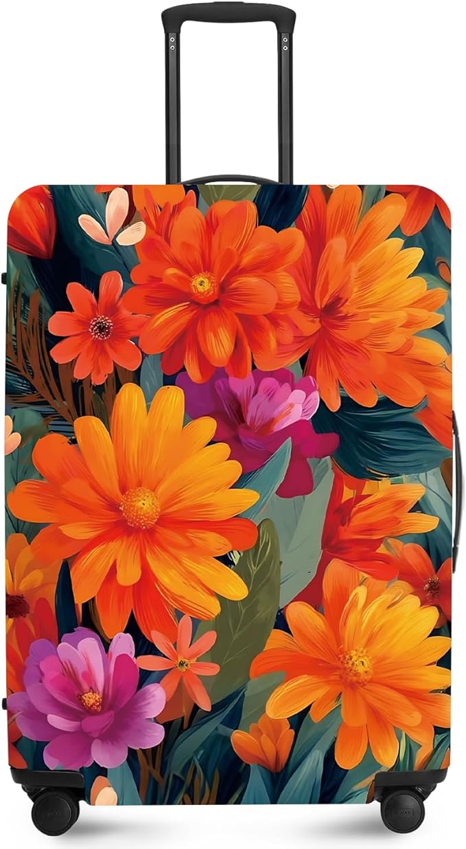 ANNA QUEEN Boho Floral Luggage Cover,Spring Orange Flower Pattern Suitcase Protector,Stretchable,Washable & Water Resistant, Universal Fit for 20-22 Inch Checked Baggage
