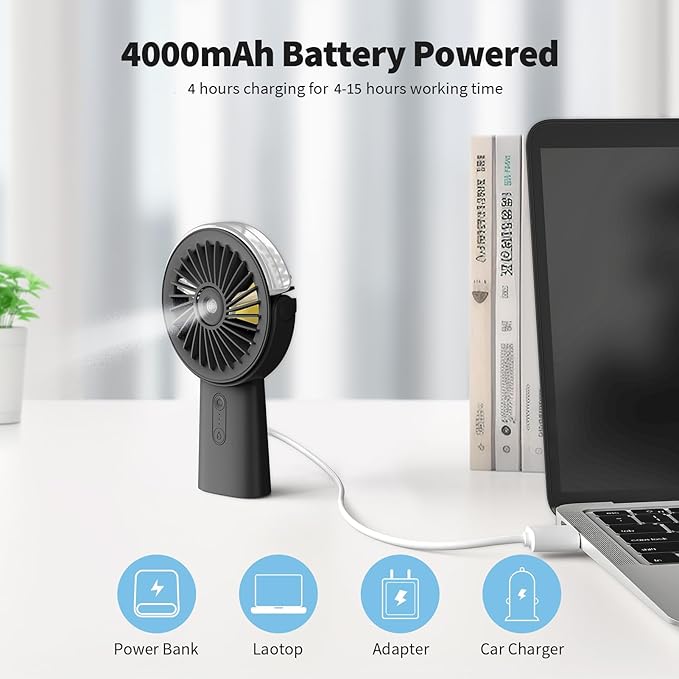 Otlonpe Handheld Misting Fan Portable, Small Personal Hand Held Rechargeable Mist Fan Water Spray, 4000mAh Battery Operated Hand Mister Fans 3-Speed, 4-15 Hrs Runtime for Travel Home Office Outdoor