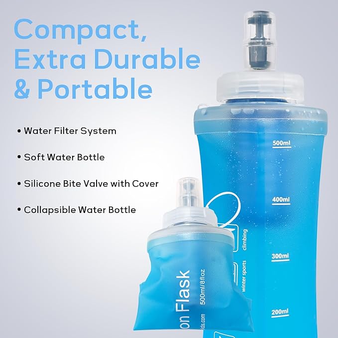 1L Soft Flask Water Bottle, Collapsible Water Bottle with Filter, Perfect for Hiking, Backpacking, and Camping - Blue
