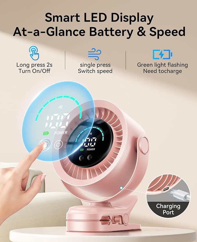 KIMMOO Portable Clip on Fan, 100-Speed Rechargeable USB Fan with LED Display, 360° Rotation & Strong Airflow Desk Fan, Up to 17 Hours Small Battery Fan for Outdoor Travel Camping Treadmill Car (Pink)