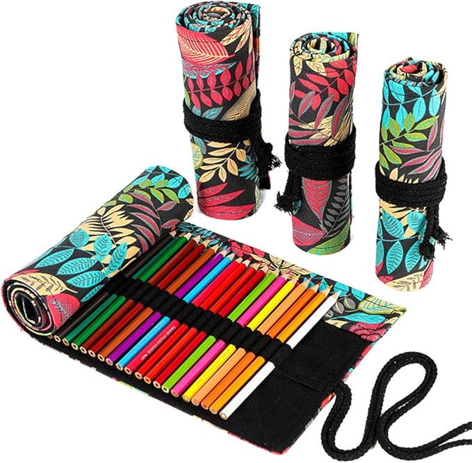 Funny live 24/36/48/72 Slots Colored Pencil Wrap Roll up Pen Holder Case Drawing Coloring Pencil Roll Organizer Stationery Case for Student Artist Traveler (Fallen leaves, 36 Slots)