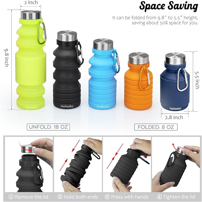 Nefeeko Collapsible Water Bottle, Reuseable BPA Free Silicone Foldable Water Bottles for Travel Gym Camping Hiking, Portable Leak Proof Sports Water Bottle with Carabiner