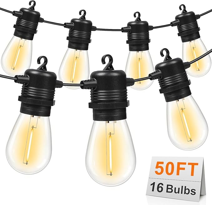 GvvooHome 50FT LED Outdoor String Lights with 16 Shatterproof Waterproof S14 Replaceable Bulbs(1 Spare), 2700K Commercial Grade Patio Lights, Outside Hanging Light for Yard Garden Porch Deck Decor
