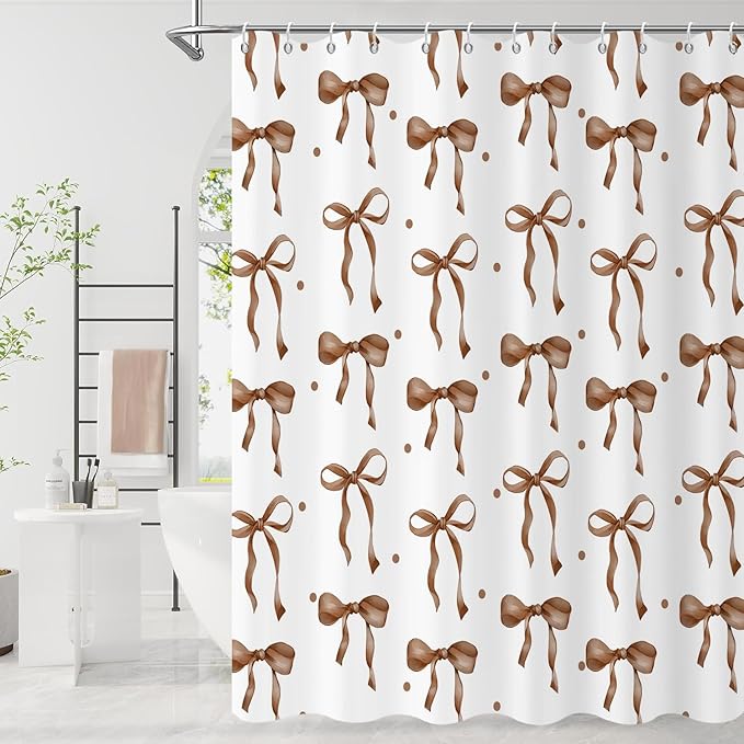 Brown Bow Shower Curtain, Brown and White Modern Aesthetic Bowknot with Polka Dot Cute Girly Bathroom Curtain Waterproof Fabric Machine Washable with Hooks, 48" Wx72 L