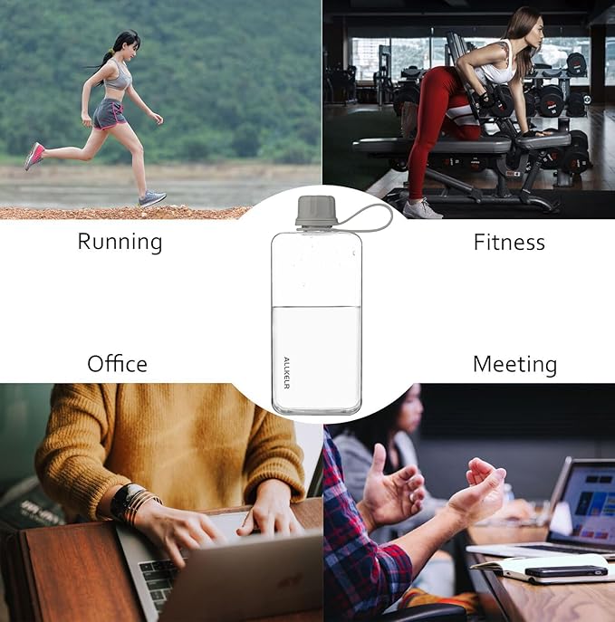 Portable Flat Water Bottle,BPA Free Reusable Tritan Plastic Travel Water Bottle Cup,Lightweight Leakproof Slim Water Bottles Fits Purse,Backpacking,Hiking (Gray, 13.5 oz)