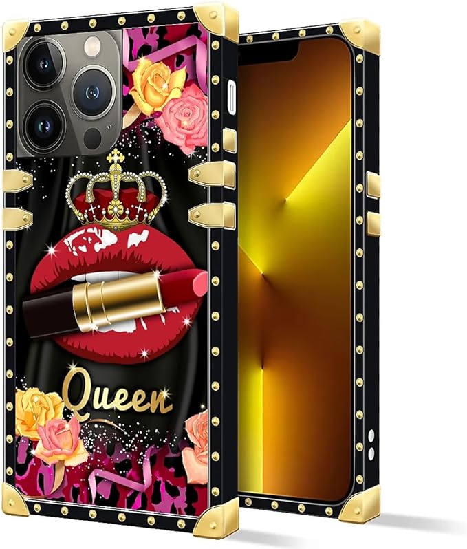 Compatible with iPhone 13 Pro Max Case, Queen Lip Crown Leopard Print Luxury Golden Decoration for Girl Women Soft TPU Shockproof Protective Hard PC Back for iPhone 13 Pro Max
