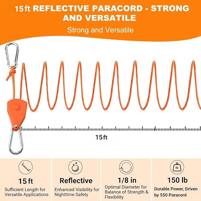 Longer 15ft Ratchet Straps Ropes Tie Down Rope Strap Small Mini Reflctive Outdoor Windproof Rope Roller Adjustable Camping Tent Hanger Grow Light Kayak Paracord 4 Pack 1/8"
