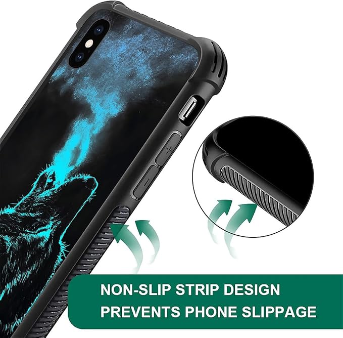 for iPhone X/Xs Case, Blue Breathing Wolf Pattern Graphic Design Girl Boy Soft Silicone Hard Acrylic Shock Protection for iPhone X/Xs