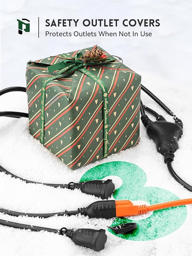 PLUGTUL 12FT Outdoor Extension Cord with Multiple Outlets, 1 to 3 Splitter Max 6FT End to Male Plug (Total 12FT) 16/3 SJTW Waterproof Power Cord for Halloween Christmas, ETL Listed, Black