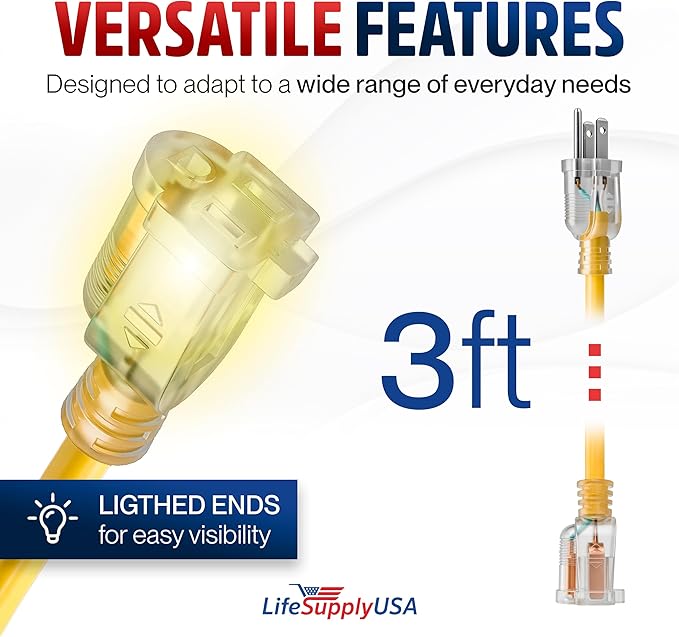 3ft Outdoor/Indoor Extension Cord 14/3 Gauge Heavy Duty 3 Prong SJTW, Waterproof, Flexible Cold-Resistant Long Power Cord,15A 125V 1875W, Yellow by LifeSupplyUSA