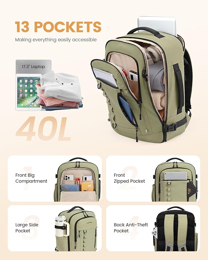 LOVEVOOK 40L Travel Backpack for Men Women, Waterproof Carry On Backpack for Work & Travel, Flight Approved Personal Item with 3 Packing Cubes, TSA Bag Fits 17.3" Laptop,Grape purple