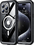 Red2Fire for iPhone 15 Pro Case Waterproof, [Built-in Screen Protector & Camera Protector][Compatible with MagSafe][Full Body Shockproof][IP68 Waterproof][Dustproof] Phone Case 6.1" Black/Clear