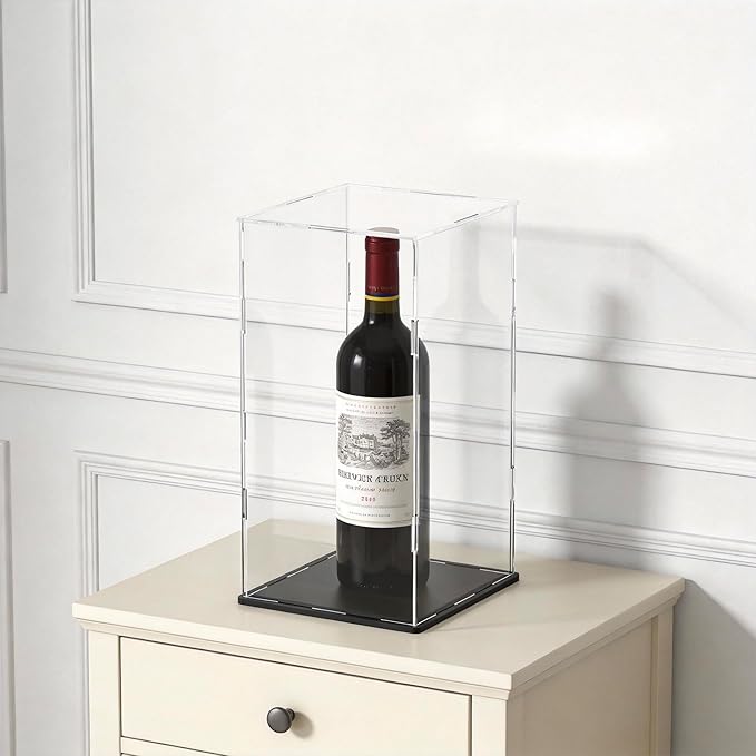SVENJBB Display Case for Red Vine Bottle, Acrylic Box for Trophy and Toy Figures, Clear Acrylic Display Cases with Matte Black Base for Collection Protection and Storage, 7x7x16 inch