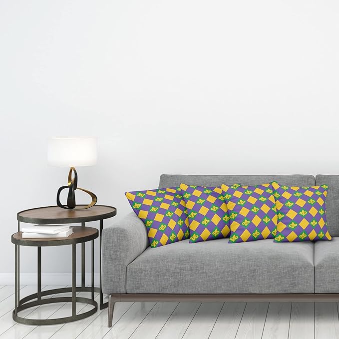 Ambesonne New Orleans Throw Pillow Cushion Case Pack of 4, Mardi Gras Themed Rhombuses with Fleur De Lis Motifs Classic Geometry, Modern Accent Double-Sided Digital Printing, 18", Violet Yellow