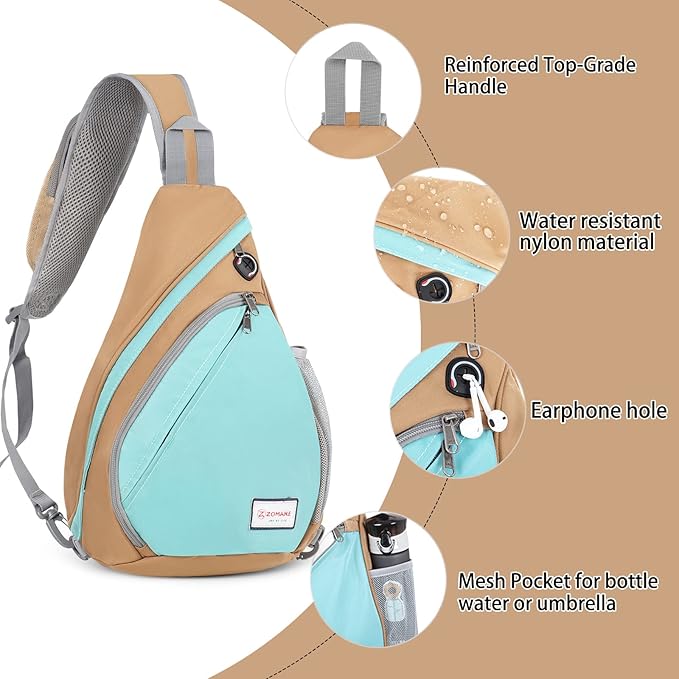 ZOMAKE Sling Bag,Small Crossbody Sling Backpack,Water Resistant Shoulder Daypack for Travel,Anti Thief Chest Bag for Hiking(Brown,Cyan)