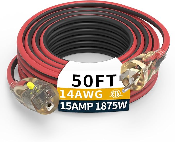 50FT Medium Duty Outdoor Extension Cords, 14/3 Gauge Electrical Wire Cable, 15 Amp Waterproof, LED Lighted Locking Plug for Indoor and Outside Use, Power Cord ETL Certified