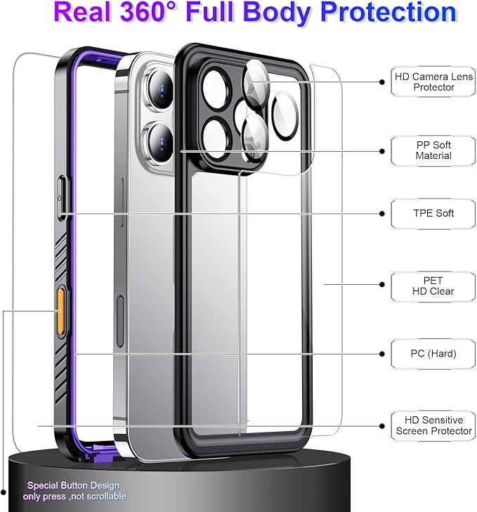 Temdan Compatible with iPhone 16 Pro Case Waterproof, Built-in Screen & Camera Protector IP68 Underwater Full Body 16FT Military Dropproof Shockproof Phone Case 6.3"-Purple/Clear