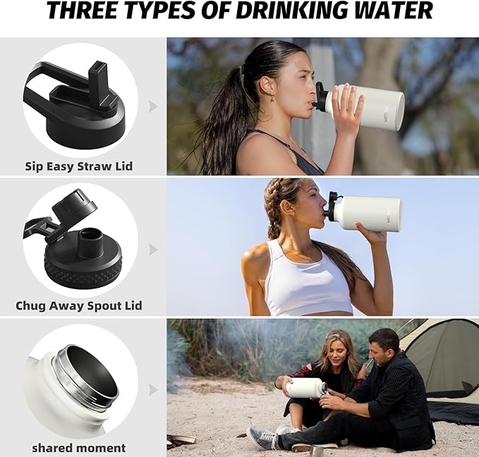 64oz Insulated Water Bottle (Cold for 48 Hrs),BPA Free&Leak Proof,Half Gallon Stainless Steel Water Flask,Water Jug with Straw Spout Lids for Gym,Hiking,Camping,White