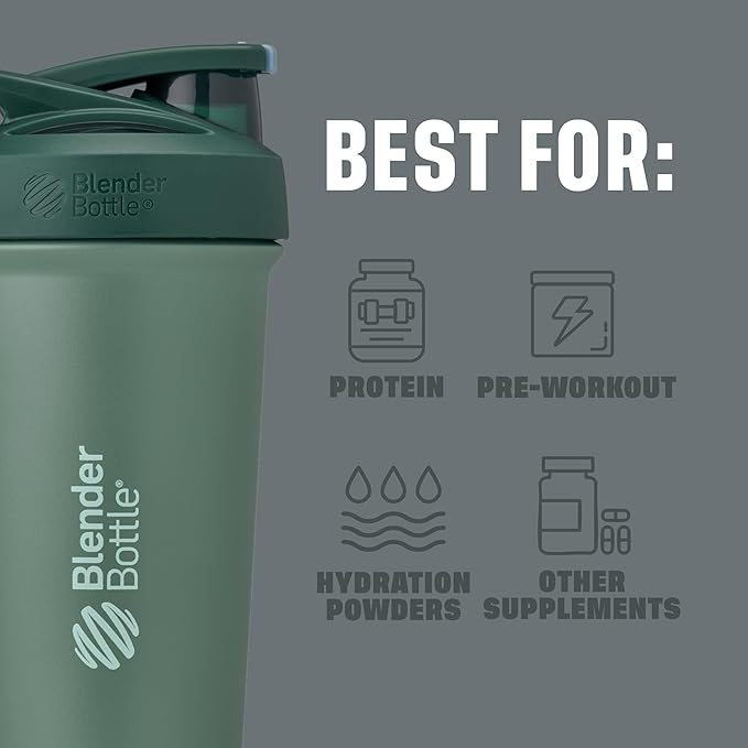 BlenderBottle Sport Sleek Shaker Cup Insulated Stainless Steel Water Bottle with Wire Whisk, 25-Ounce, (Green) Seaglass