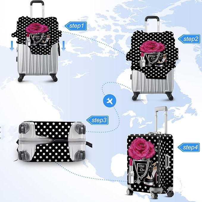 ANNA QUEEN Vintage Polka Dot Rose Travel Luggage Cover -Stretchable Airplane Suitcase Protector Sleeve,Universal Washable Fit for 20-22 Inch Checked Baggage,Water Resistant Durable Luggage Protector