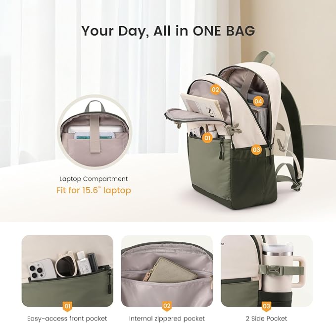 LOVEVOOK Everyday Backpack for Women, Chic Versatile Backpack with Water Bottle Pocket, Lightweight Waterproof Casual Daypack for City Work Commute, College, Travel & Gifts, Beige-Light Gray
