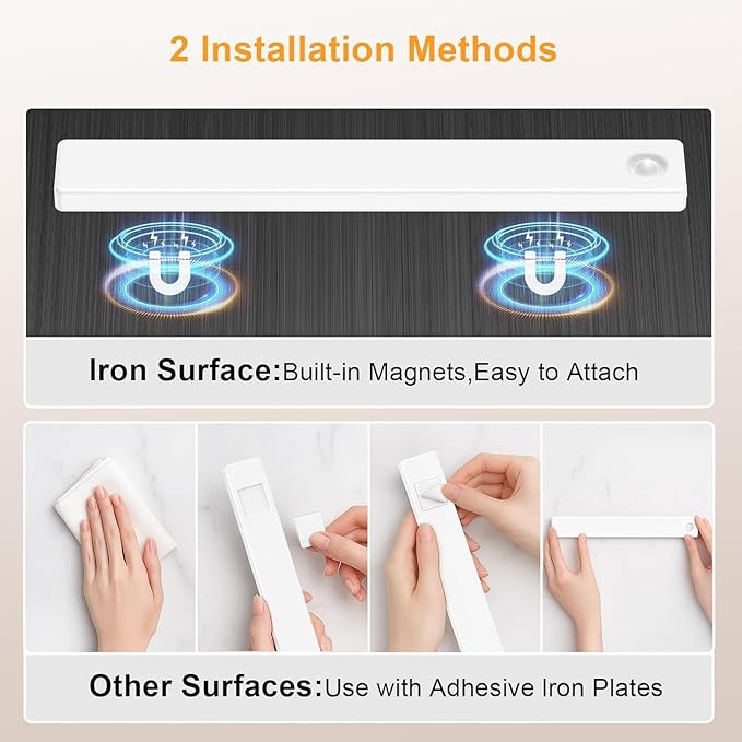 Under Cabinet Lighting, USB Rechargeable Motion Sensor Light Indoor, Battery Operated Closet Light, LED Cabinet Lights, Stick On Dimmable Under Counter Lights for Kitchen (2-Pack)