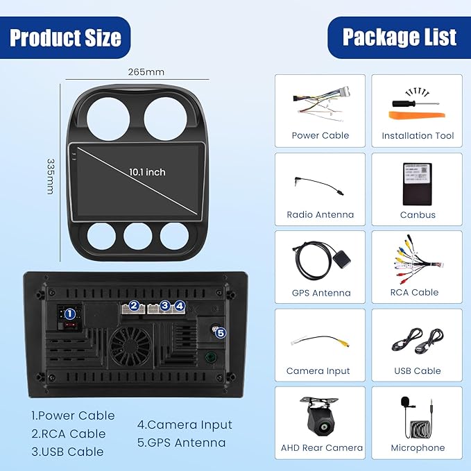 5Ghz WiFi [4G+64G] Android 15 Car Radio for Jeep Compass Patriot 2010-2016 Car Stereo with Wireless Carplay/Android Auto, 10 Inch HD Touch Screen with GPS Bluetooth FM/RDS EQ SWC Backup Camera MIC