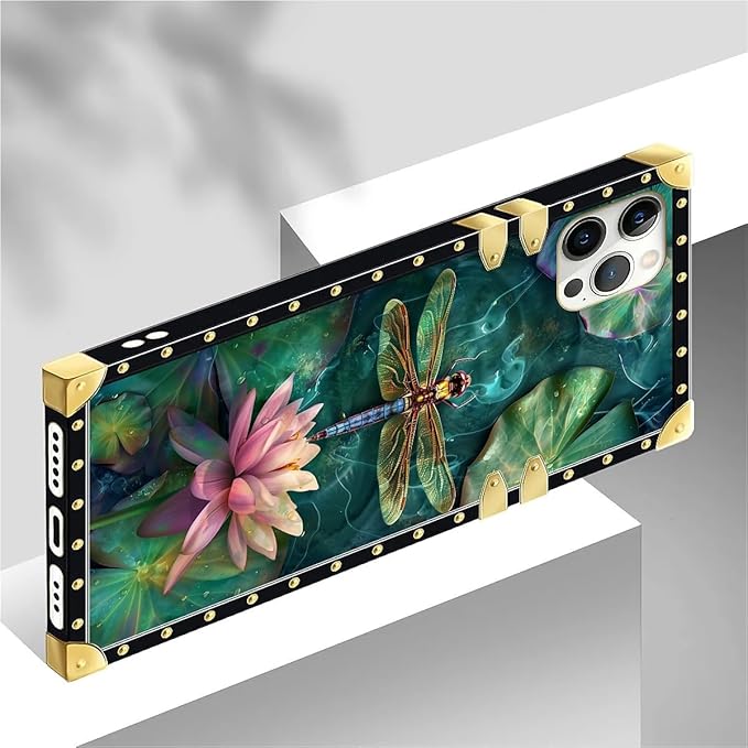 Compatible with iPhone 12 Case, Colourful Dragonfly Pink Lily Pads Luxury Golden Decoration for Girl Women Soft TPU Shockproof Protective Hard PC Back for iPhone 12 Pro
