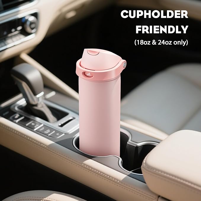 POWCAN 18 oz Insulated Water Bottle: 2-in-1 Push-Button Spout & Quick-Flip Straw, Leakproof, Cold 24Hrs, Fits Car Cup Holder, Stainless Steel Water Bottle for Sports, Travel, School (Cotton Candy)