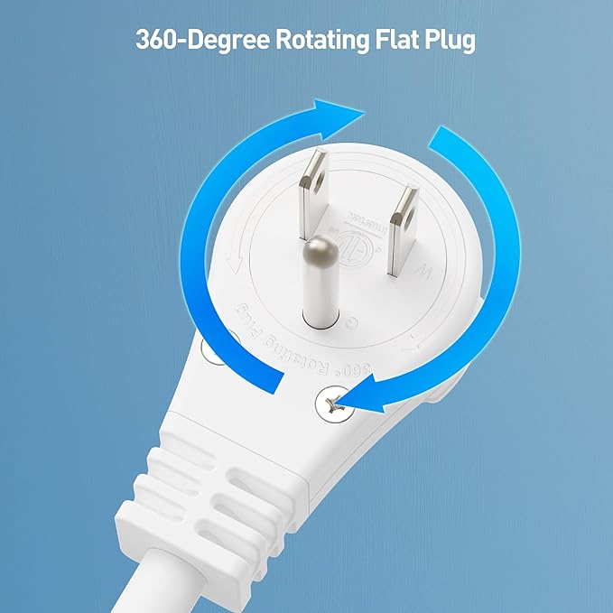 [ETL Listed] Cable Matters 2-Pack 16 AWG 360° Rotating Flat Plug Extension Cord - 6ft, 13A/1625W, Low Profile 3 Prong Power Extension Cords, NEMA 5-15P to NEMA 5-15R, White