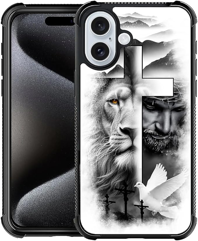 for iPhone 16 Case, Lion Cross Jesus Christ Dove Pattern Graphic Design Girl Boy Soft Silicone Hard Acrylic Shock Protection for iPhone 16