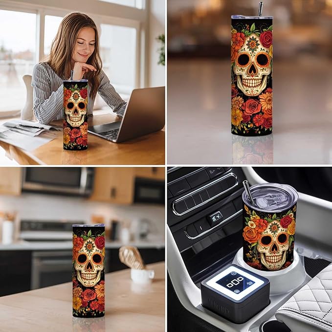 Firmiso 20 oz Tumbler｜Skinny Insulated Travel Mug｜Sugar Skull Floral Design Stainless Steel Cup with Lid and Telescopic Straw｜Gothic Boho Drinkware｜Day of the Dead Gift Idea for Women and Men