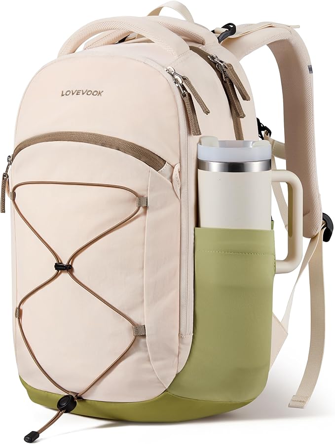 LOVEVOOK Everyday Laptop Backpack for Women & Men With Tumbler Holder,17 Inch Classic Travel Work College Teacher Carry on Backpack Purse,Waterproof Computer laptop Bag Hiking Backpack,Beige-Green