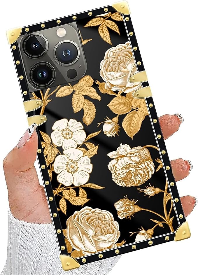 Compatible with iPhone 15 Pro Max Case, Blooming Rose Golden Flower Luxury Golden Decoration for Girl Women Soft TPU Shockproof Protective Hard PC Back for iPhone 15 Pro Max