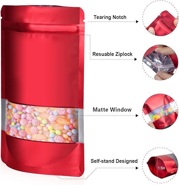 5.5"x7.8" 120pcs Mylar Bags for Food Storage,Smell Proof Bag with Matte Window Resealable Food Storage Bags for Small Business, Stand-up Foil Pouch Packaging Freeze Dried Candy Bag（Red）