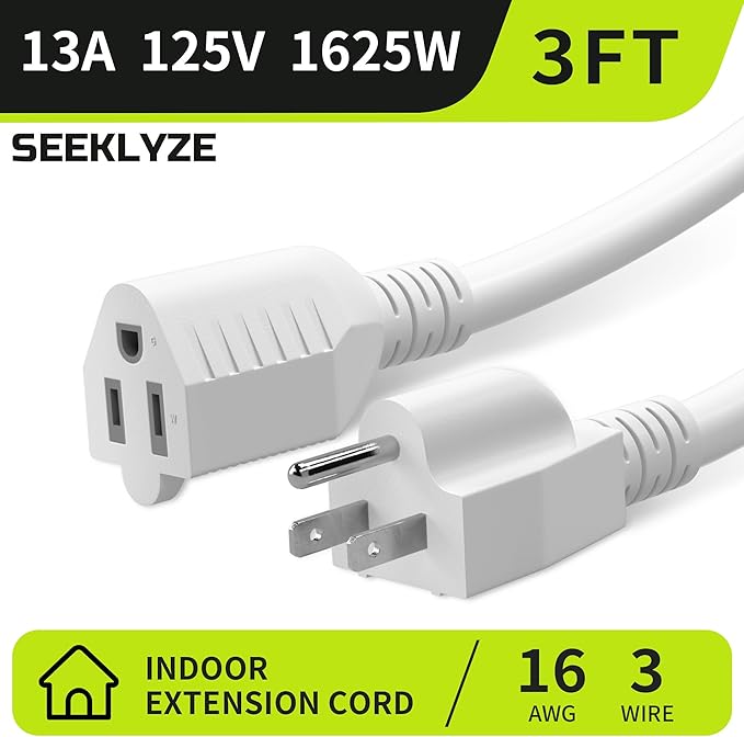 16/3 White Extension Cord 3 FT, Indoor Extension Cord for Laptops, Coffee Makers, Office Home Appliances, 3 Prong Resistant Cable Flexible, 13A 125V 1625W ETL Listed