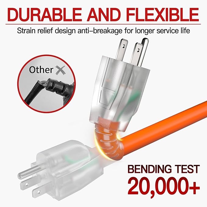 6 FT 14/3 Extension Cord Outdoor, Heavy Duty Weatherproof & Flame Retardant Orange 3 Prong Power Cord with Light, Outside for Lawn & Garden, 15 Amps 1875 Watts 125 VAC 14AWG SJTW, ETL Listed