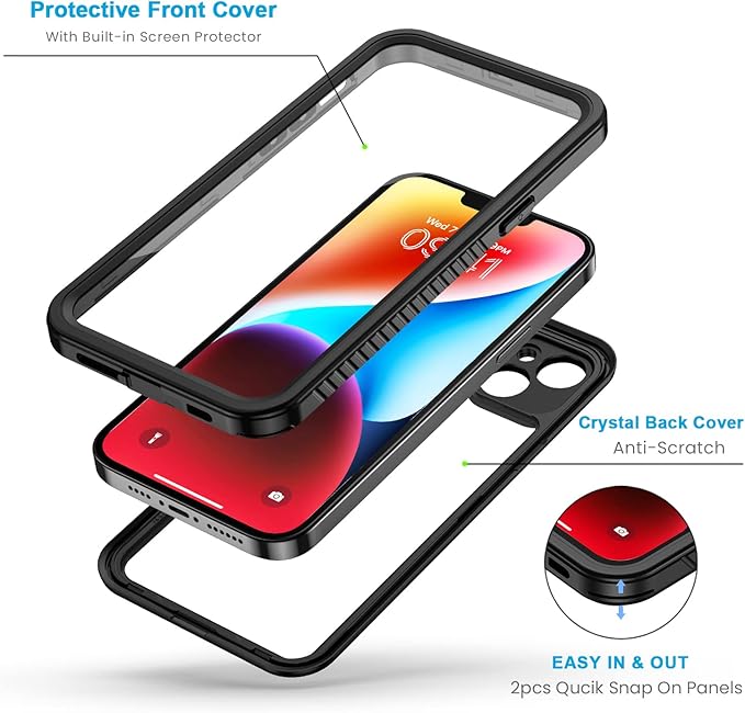Lanhiem for iPhone 14 Plus Case, IP68 Waterproof Dustproof Shockproof Cases with Built-in Screen Protector, Full Body Protective Phone Case for iPhone 14 Plus -6.7 inch (Black)