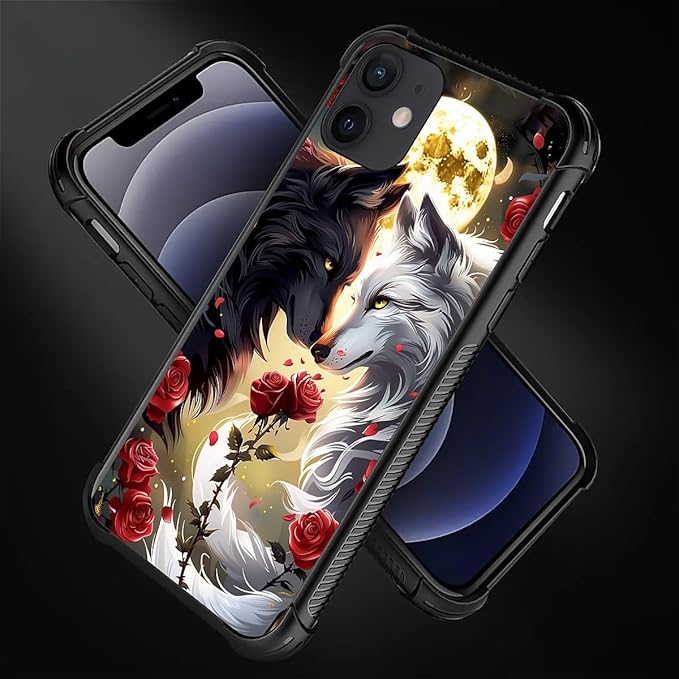 for iPhone 11 Case, Black White Wolf Moon Flower Rose Pattern Graphic Design Girl Boy Soft Silicone Hard Acrylic Shock Protection for iPhone 11