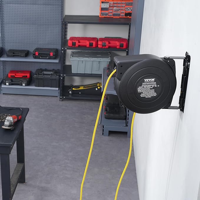 VEVOR Retractable Extension Cord Reel, 50 FT, Heavy Duty 14AWG/3C SJTOW Extension Power Cord with Lighted Triple Tap Outlet, 13A Circuit Breaker 180° Swivel Bracket for Ceiling or Wall Mount, Yellow