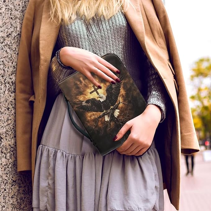 Medium Bible Cover Case for Women Men Bald Eagle and Cross Print PU Leather Bible Case with Bookmark Church Bag Book Carrying Case Bible Cover for Women Men Bible Case for Men Women