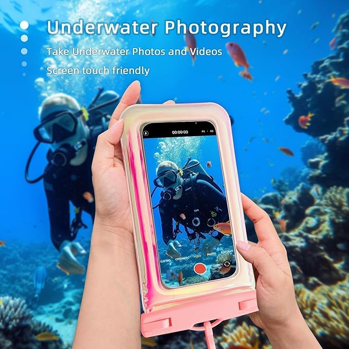 Floatable Waterproof Phone Pouch Case for iPhone 17 16 Pro Max/15/14/13/12, IP68 Travel Cellphone Dry Bag, Beach Cruise Ship Essentials Bags with Crossbody Lanyard,Iridescent Pink(1 Pack)