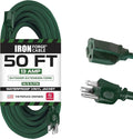 Iron Forge Cable Weatherproof 50 Ft Outdoor Extension Cord - 16/3 SJTW Heavy Duty Green Extension Cord Outdoor 3 Prong - 13 Amp Exterior Power Cable