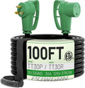 POWGRN 30 Amp RV Extension Cord 100 FT Outdoor with Grip Handle, Flexible Heavy Duty 10/3 Gauge STW 3 Prong RV Power Cord Waterproof, NEMA TT-30P to TT-30R, Black-Green, ETL Listed.