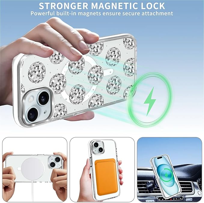 Case for iPhone 13/14,[Compatible with MagSafe],Disco Ball Grayish White Phone Case Design，for Women Girls Magnetic Clear Cover - Slim, Sleek, & Shockproof Protection